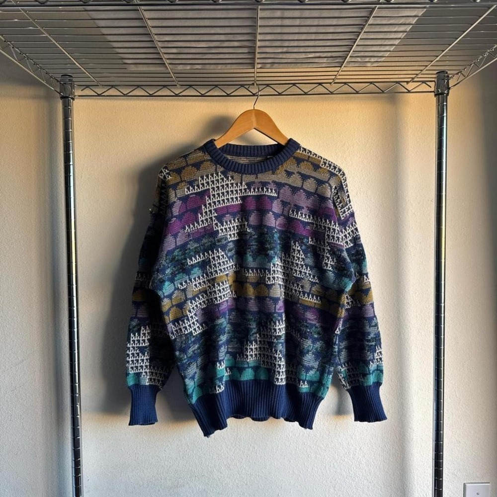 Vintage Y2K Coogi Style Blue Purple 3D Knit Patterned Sweater